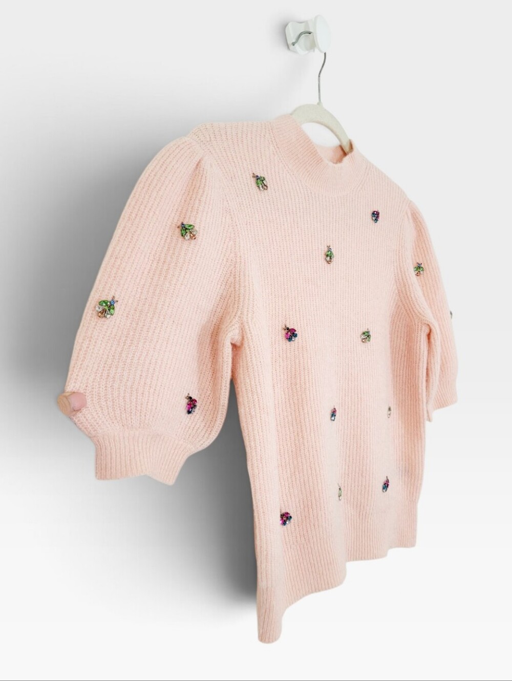 BODEN Insect Jeweled Embellished Pale Pink Short Puff Sleeve Sweater Small - Picture 3 of 10